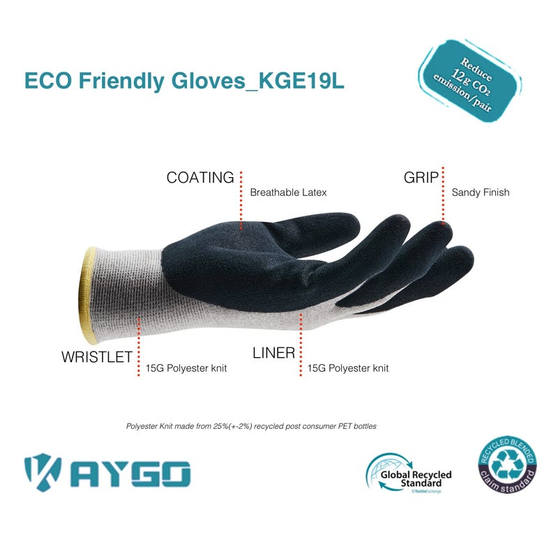 KAYGO Work Gloves for Women KGE19L Eco Friendly Gloves with Breathable Rubber Coated, 3 Pairs,Large - Image 2